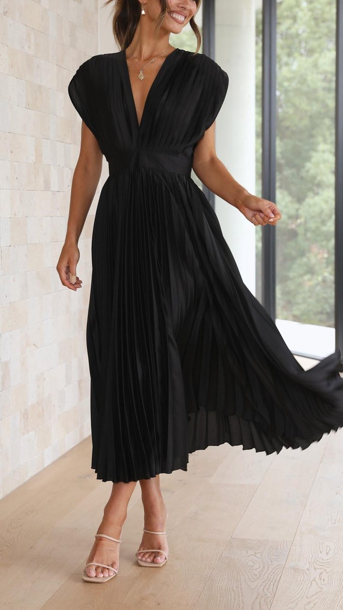 Women's Pleated V-Neck Cap-Sleeve Fall Wedding Guest Dress Midi