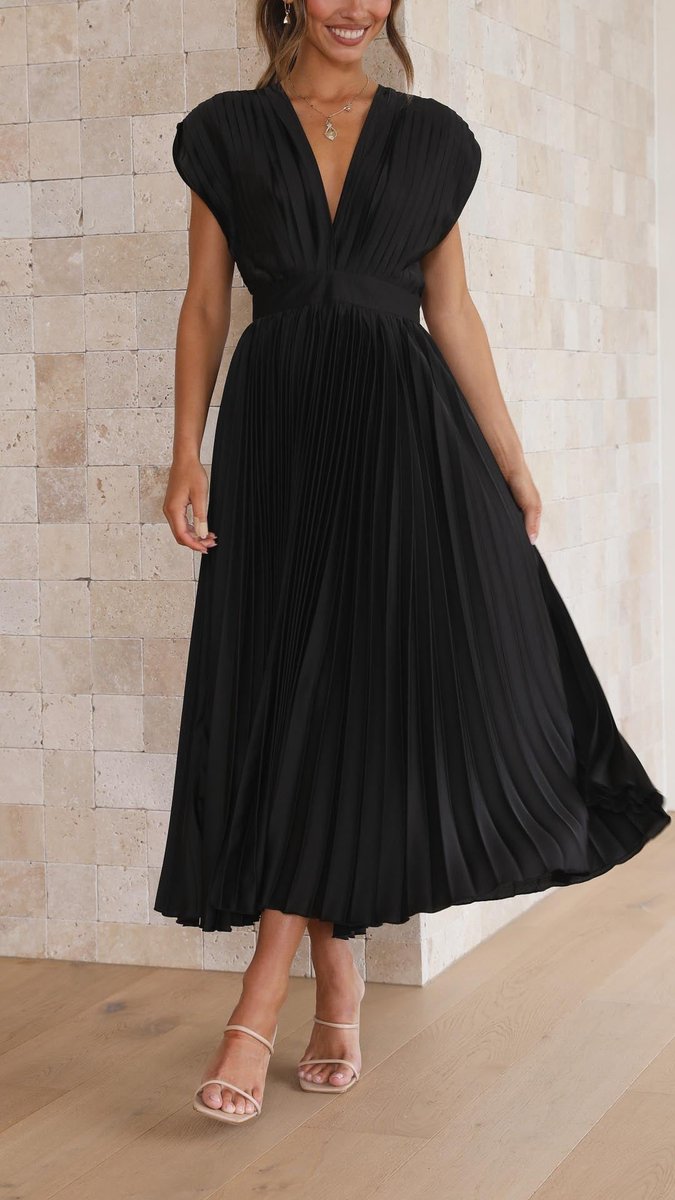 Women's Pleated V-Neck Cap-Sleeve Fall Wedding Guest Dress Midi
