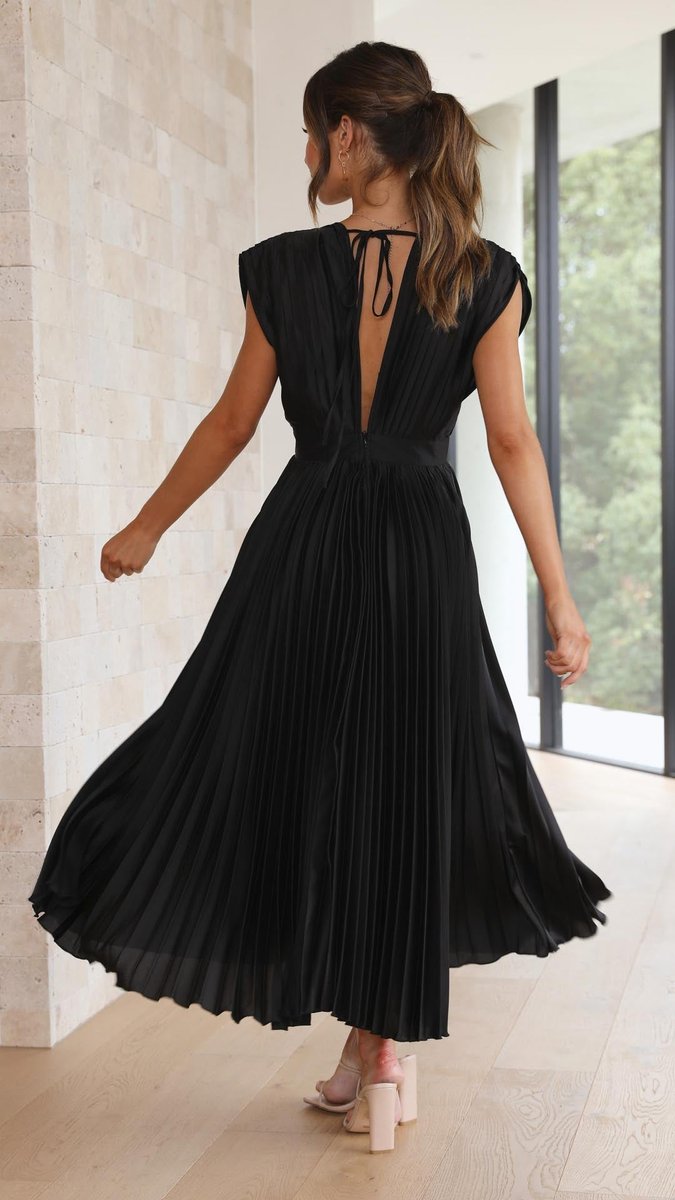 Women's Pleated V-Neck Cap-Sleeve Fall Wedding Guest Dress Midi