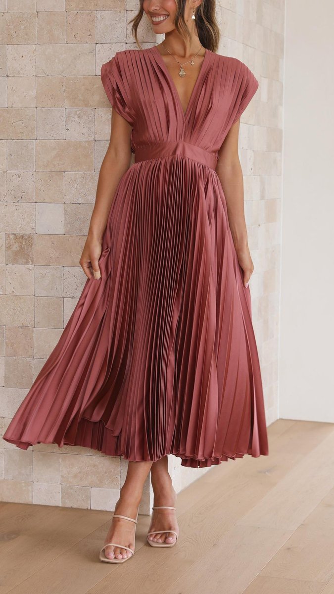 Women's Pleated V-Neck Cap-Sleeve Fall Wedding Guest Dress Midi