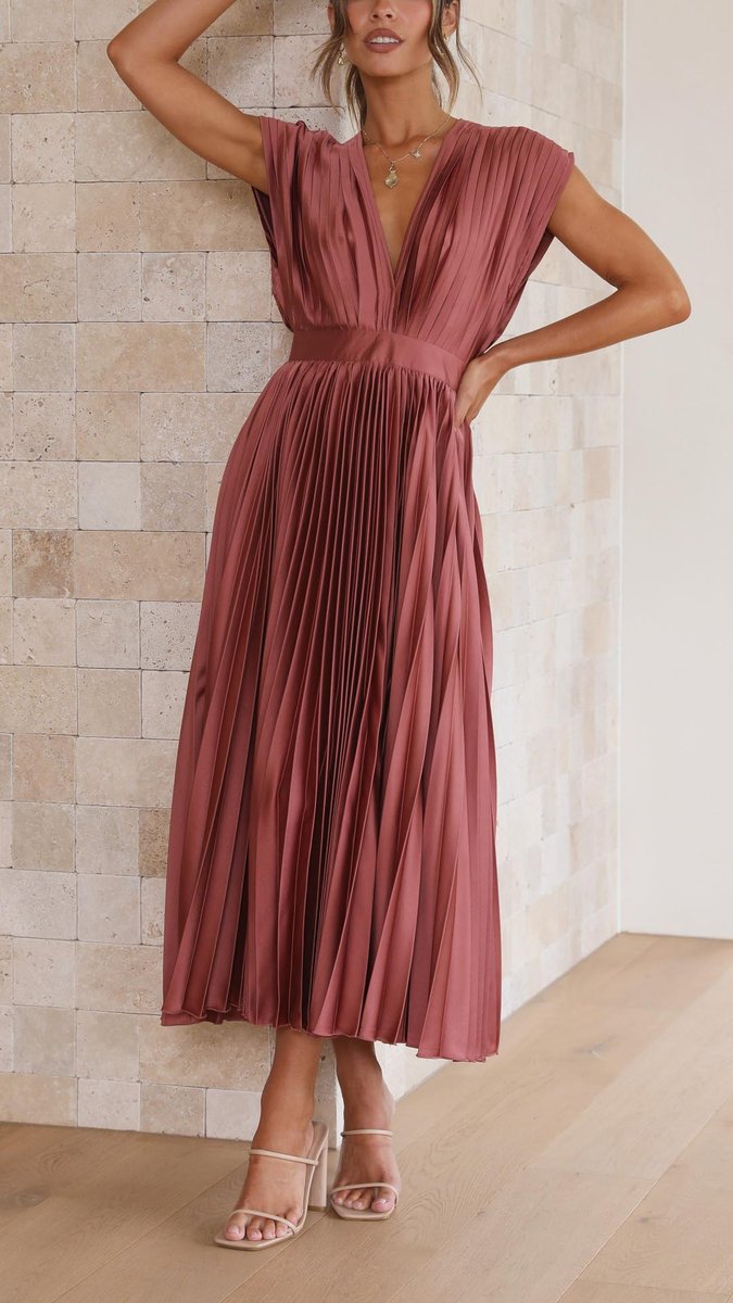 Women's Pleated V-Neck Cap-Sleeve Fall Wedding Guest Dress Midi