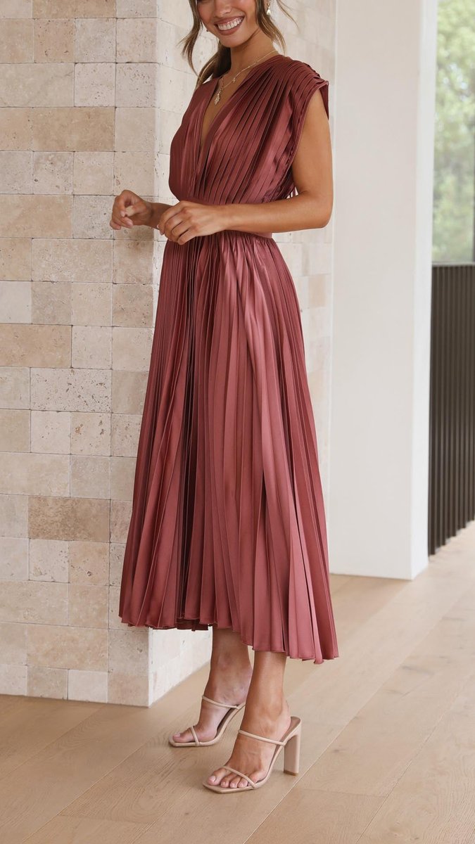 Women's Pleated V-Neck Cap-Sleeve Fall Wedding Guest Dress Midi
