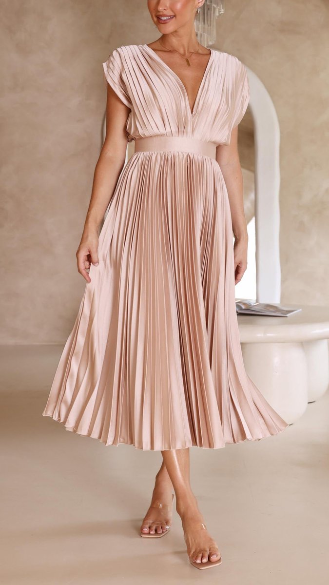 Women's Pleated V-Neck Cap-Sleeve Fall Wedding Guest Dress Midi