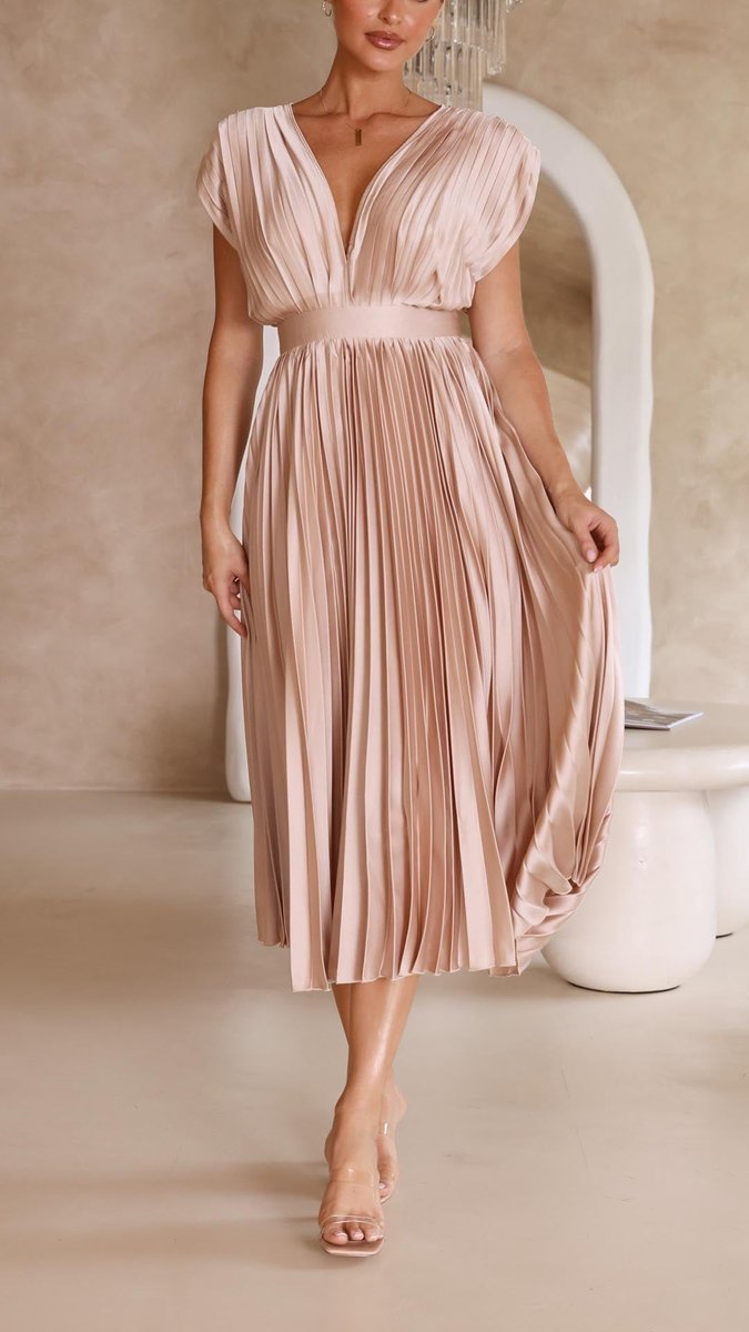 Women's Pleated V-Neck Cap-Sleeve Fall Wedding Guest Dress Midi