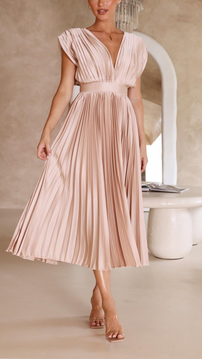 Women's Pleated V-Neck Cap-Sleeve Fall Wedding Guest Dress Midi
