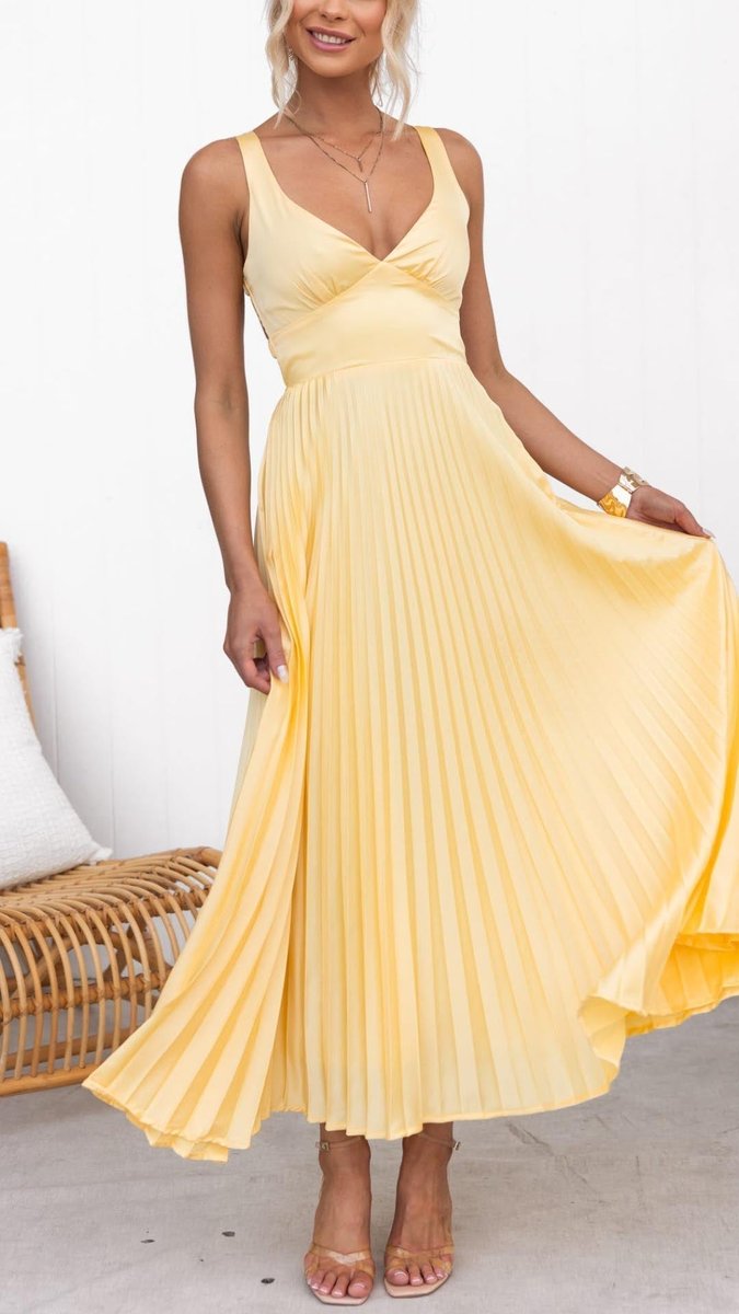 Women's Pleated V-Neck Formal Dress Sleeveless Maxi