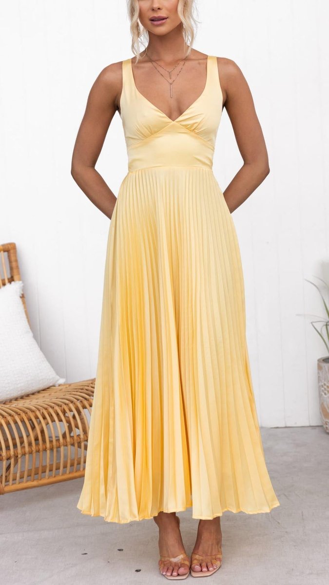 Women's Pleated V-Neck Formal Dress Sleeveless Maxi