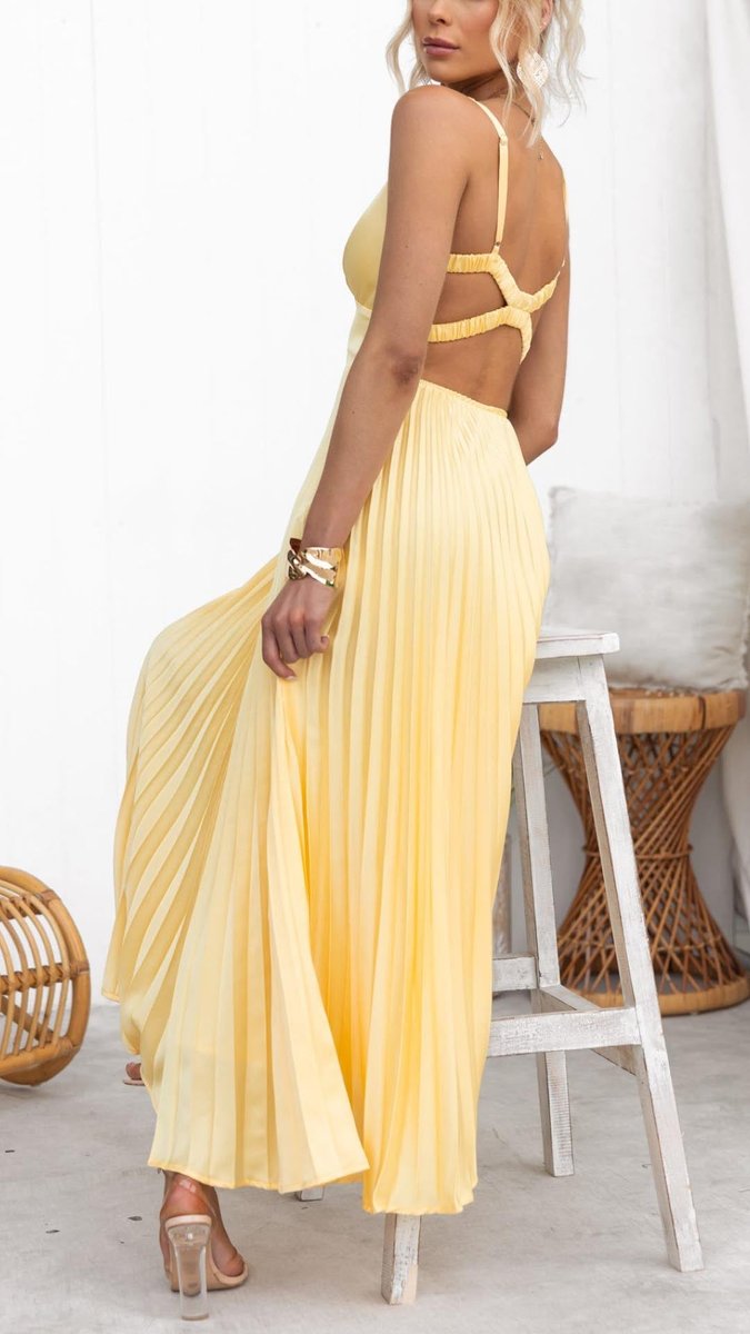 Women's Pleated V-Neck Formal Dress Sleeveless Maxi