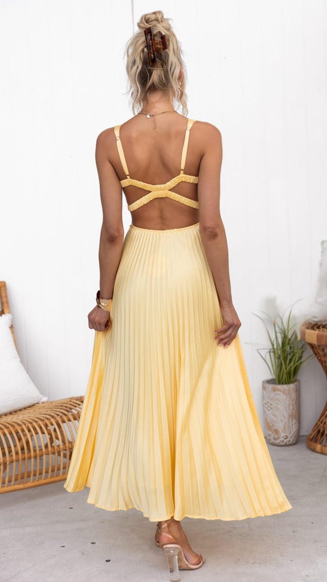 Women's Pleated V-Neck Formal Dress Sleeveless Maxi