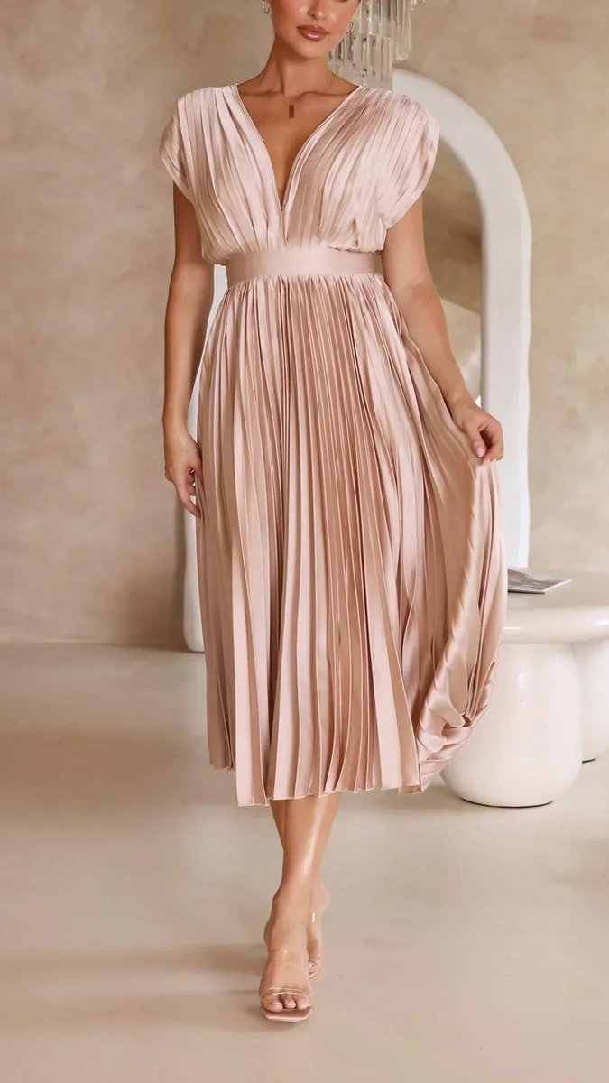 Women's Pleated V-Neck Sleeveless Fall Midi Dress