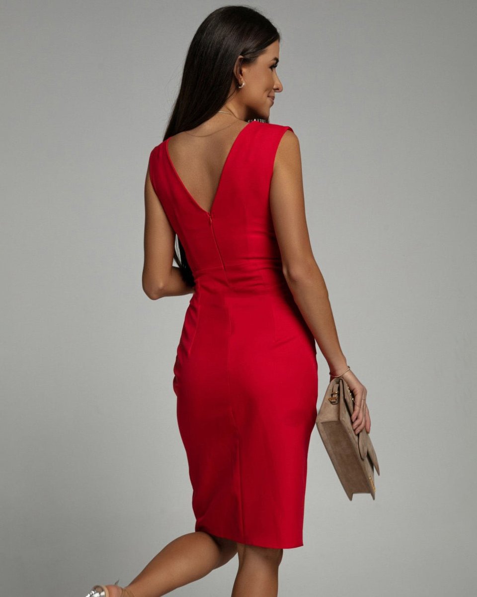 Women's Pleated V-Neck Slim-Fit Fall Midi Dress Side Slit