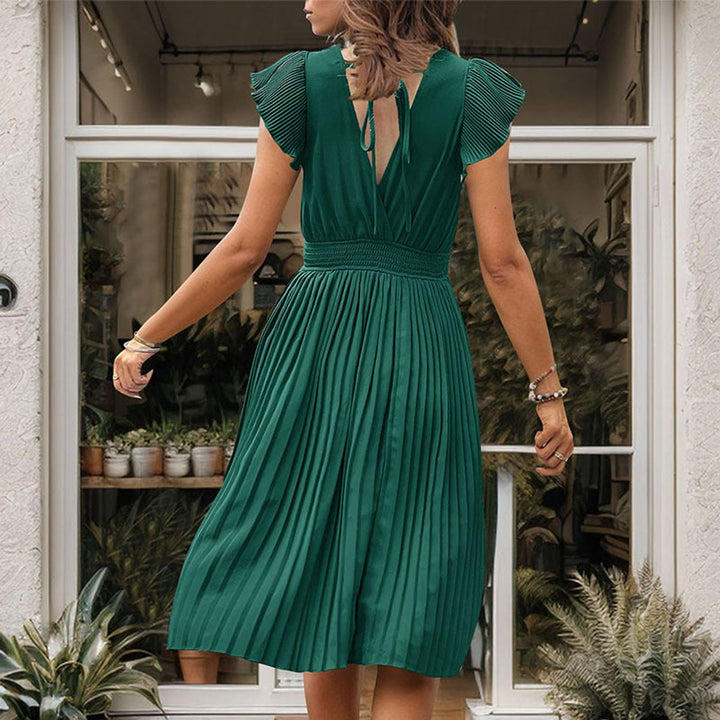 Women's Pleated V-Neck Smocked-Waist Fall Midi Dress