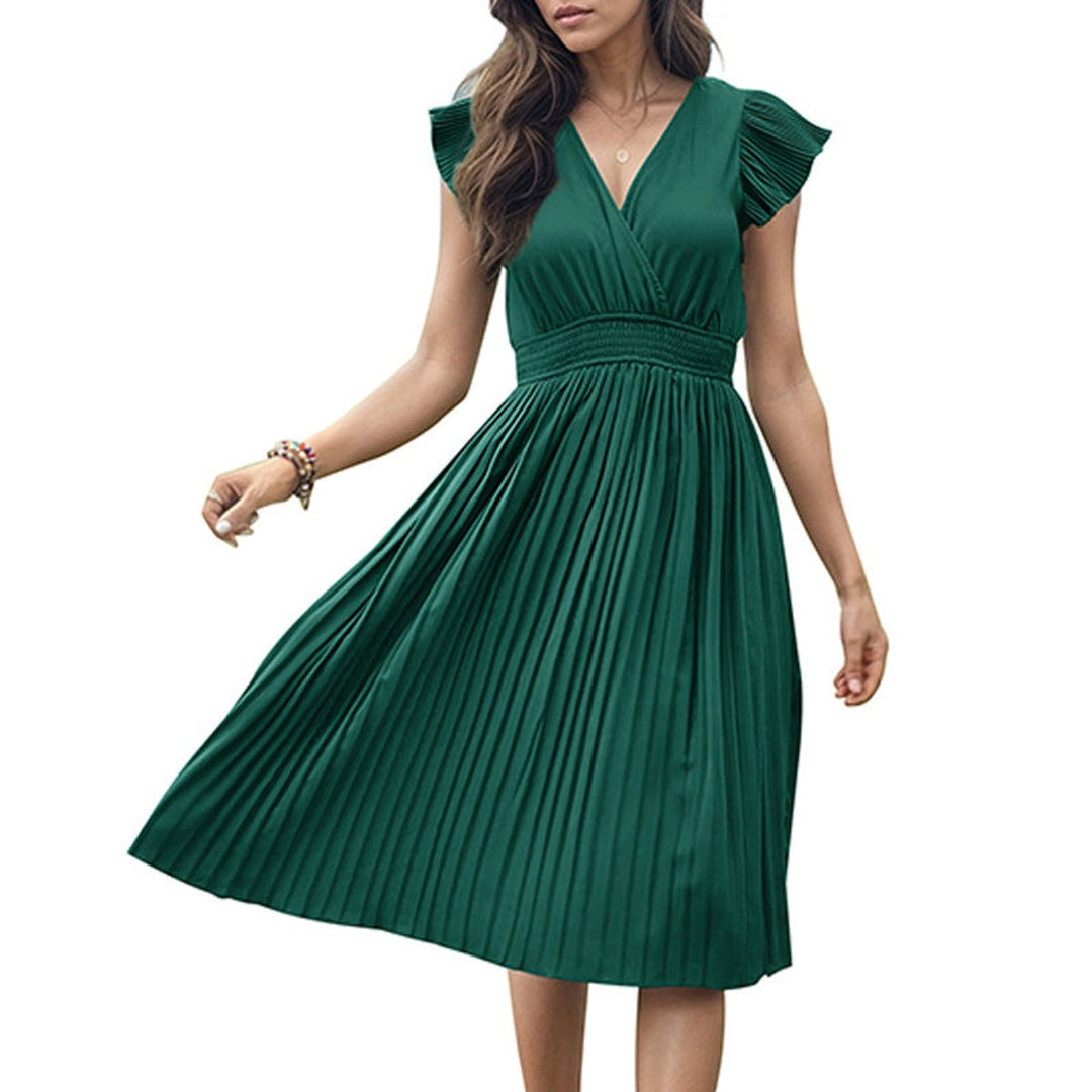 Women's Pleated V-Neck Smocked-Waist Fall Midi Dress
