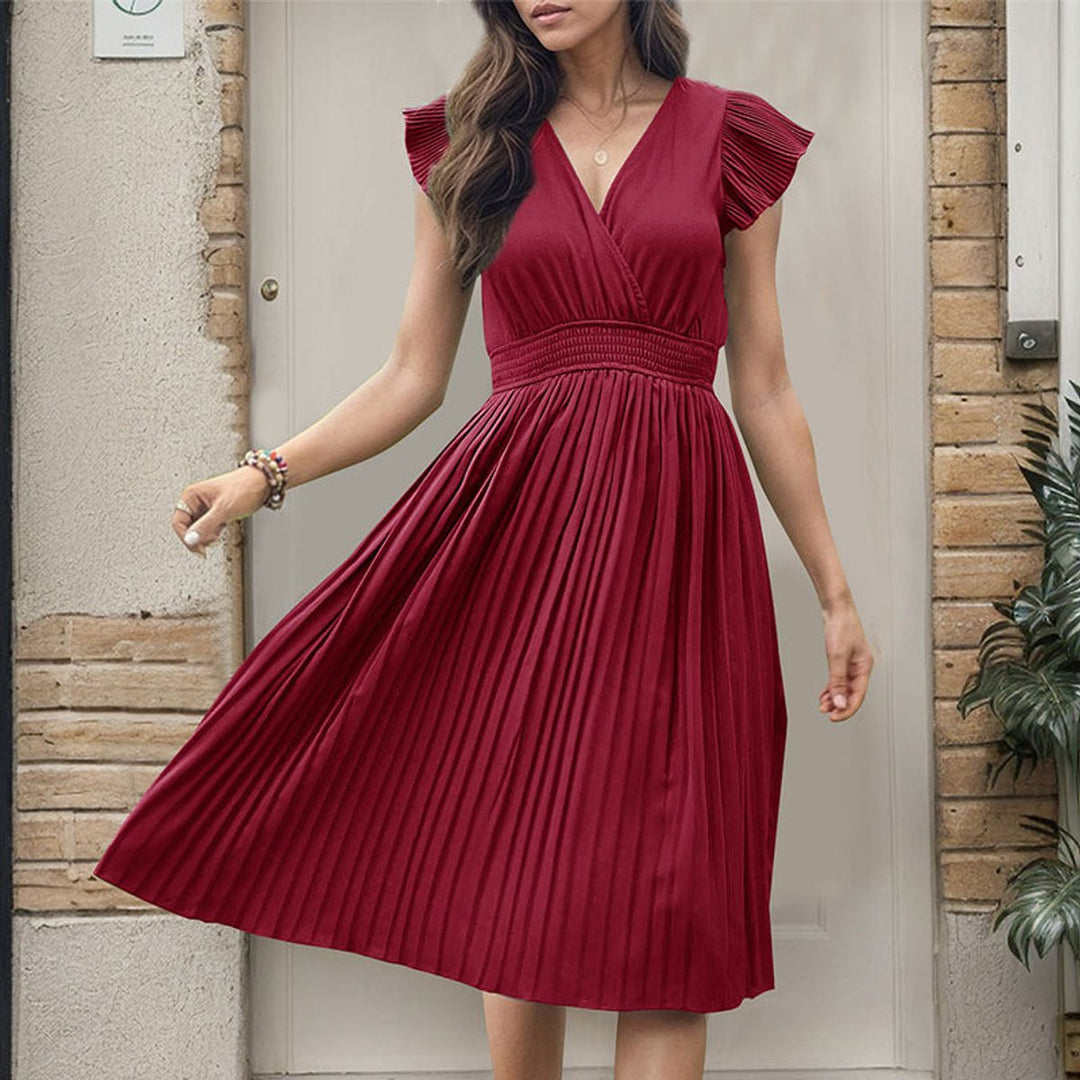 Women's Pleated V-Neck Smocked-Waist Fall Midi Dress