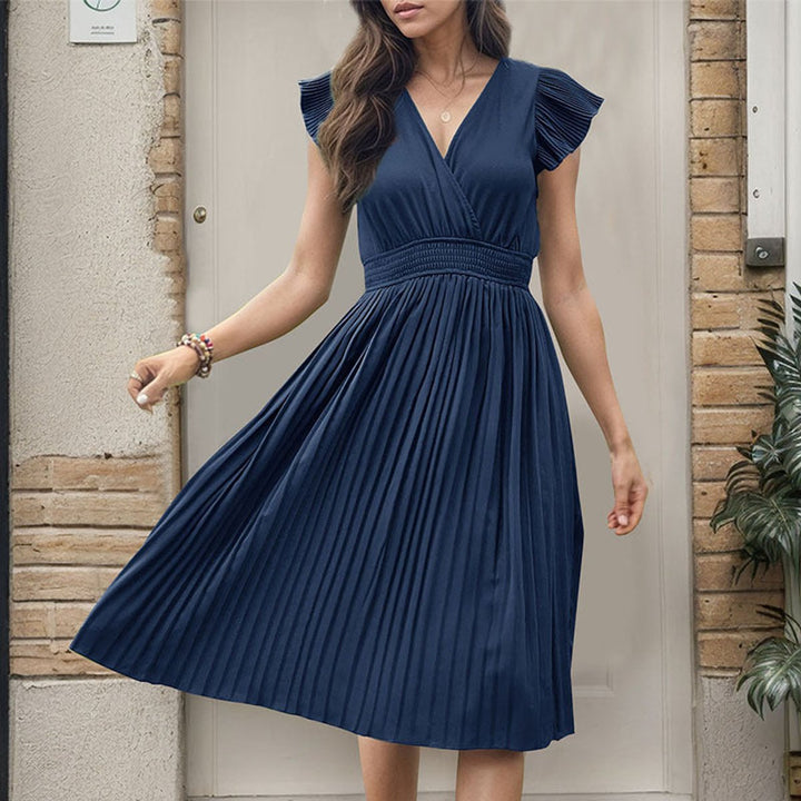 Women's Pleated V-Neck Smocked-Waist Fall Midi Dress
