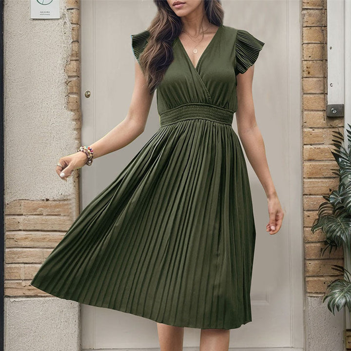 Women's Pleated V-Neck Smocked-Waist Fall Midi Dress