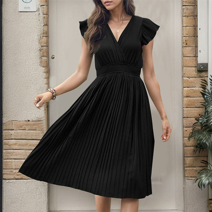 Women's Pleated V-Neck Smocked-Waist Fall Midi Dress