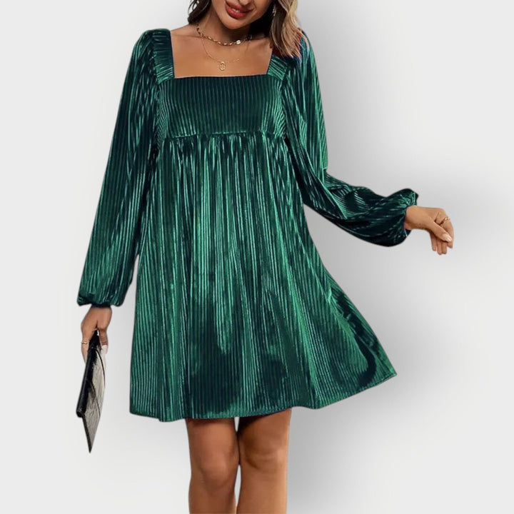 Women's Pleated Velvet Square-Neck Long Sleeve Fall Dress Babydoll Mini - Dark Green