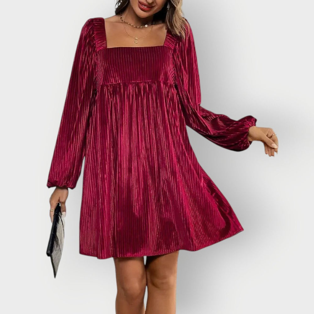 Women's Pleated Velvet Square-Neck Long Sleeve Fall Dress Babydoll Mini - Wine Red