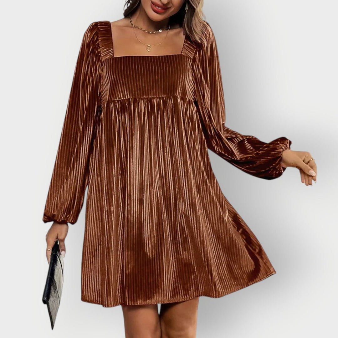 Women's Pleated Velvet Square-Neck Long Sleeve Fall Dress Babydoll Mini - Brown