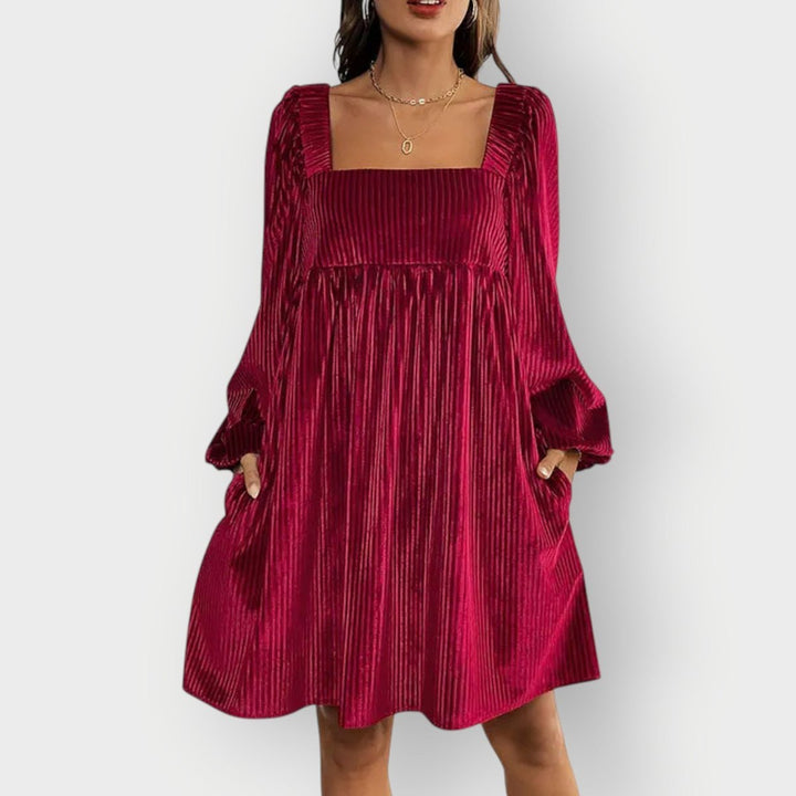 Women's Pleated Velvet Square-Neck Long Sleeve Fall Dress Babydoll Mini