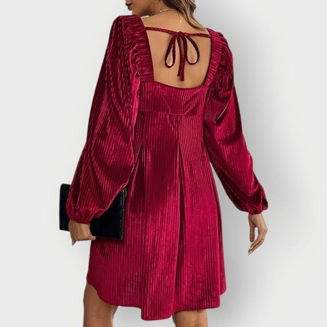 Women's Pleated Velvet Square-Neck Long Sleeve Fall Dress Babydoll Mini