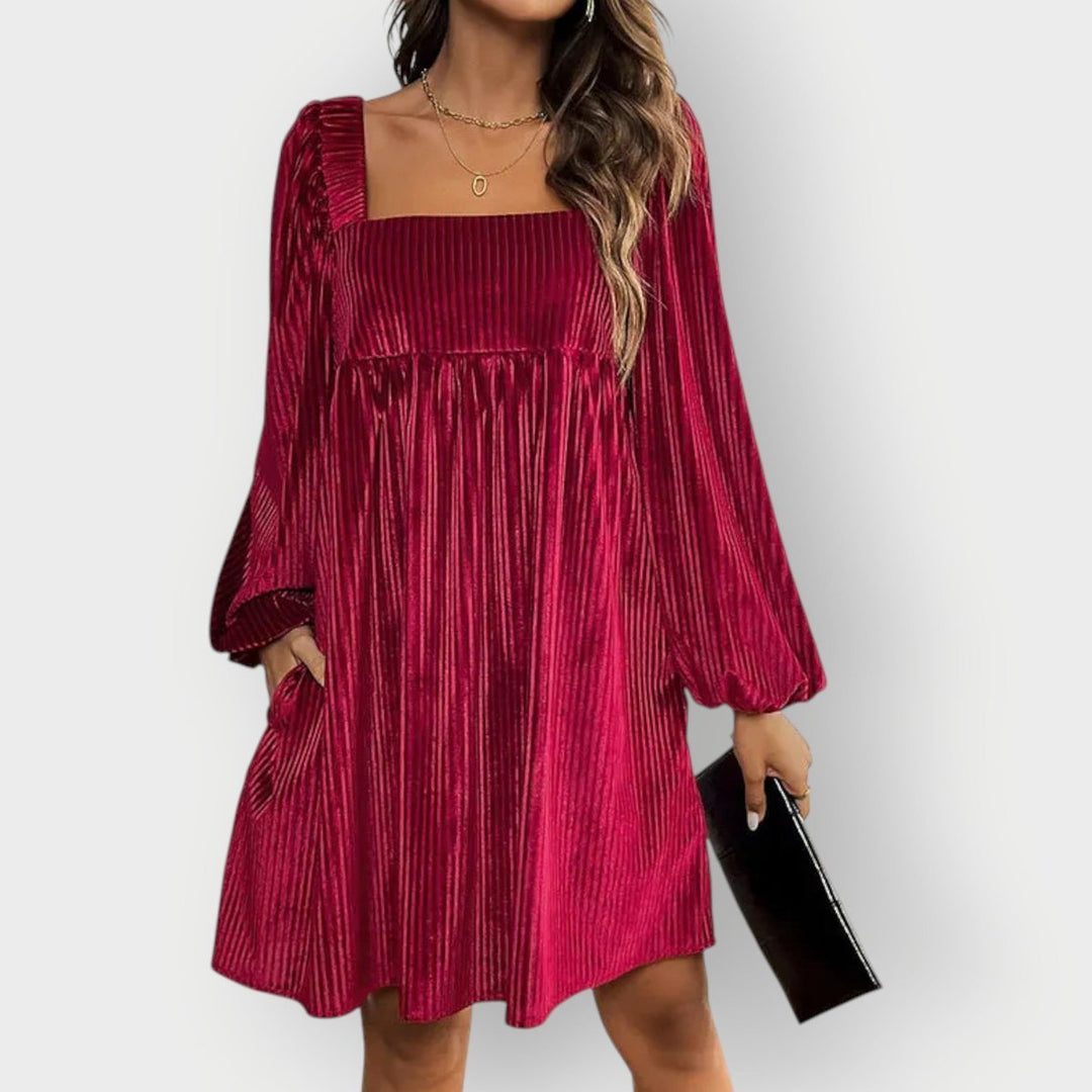 Women's Pleated Velvet Square-Neck Long Sleeve Fall Dress Babydoll Mini