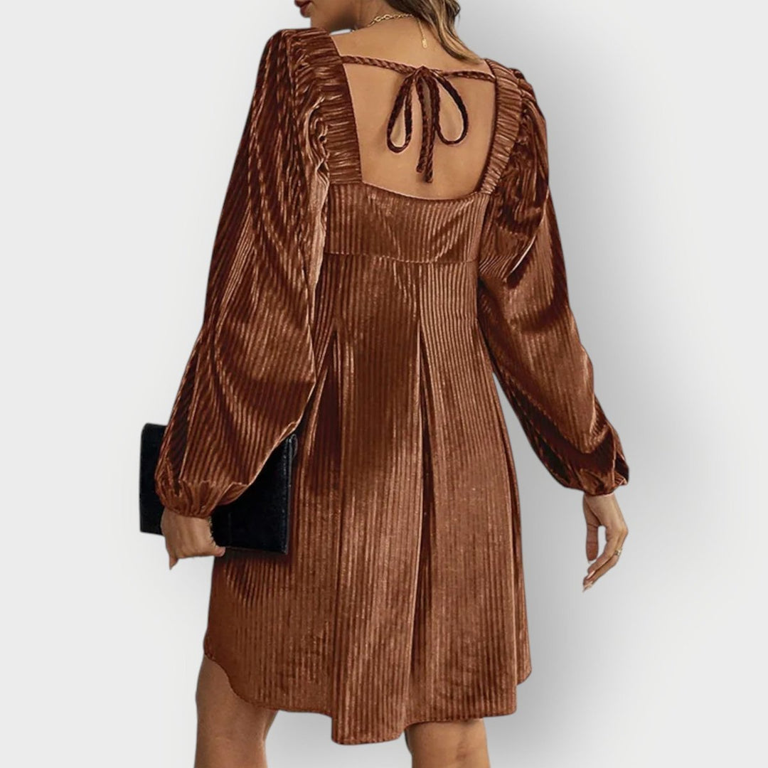 Women's Pleated Velvet Square-Neck Long Sleeve Fall Dress Babydoll Mini