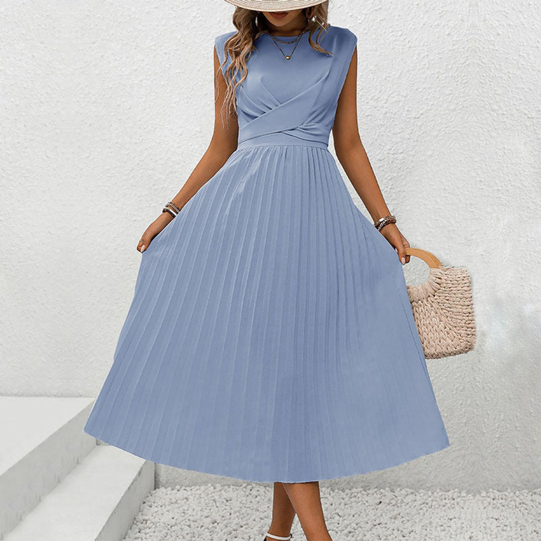 Women's Pleated Wrap-Front Sleeveless Fall Midi Dress