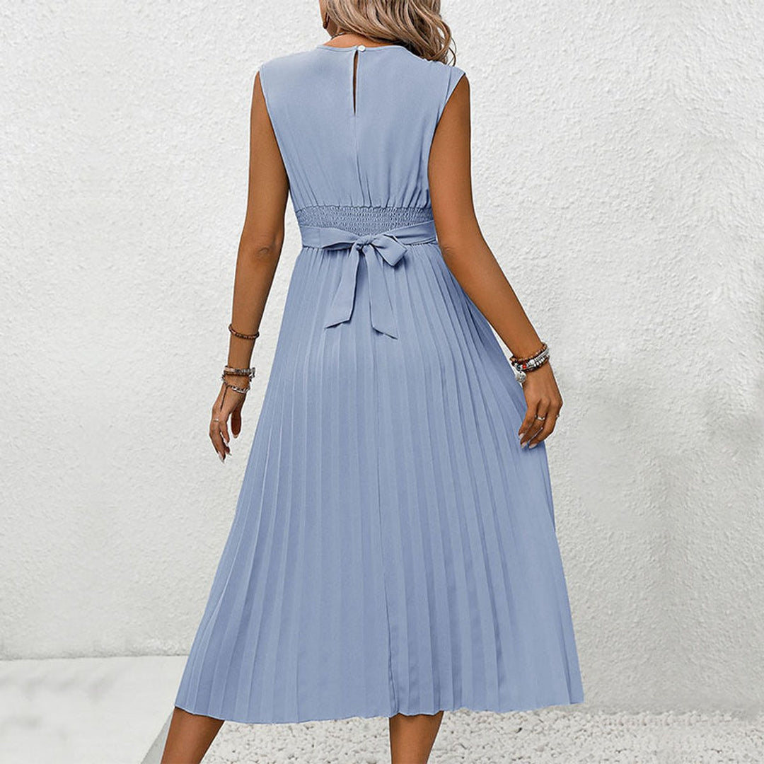 Women's Pleated Wrap-Front Sleeveless Fall Midi Dress