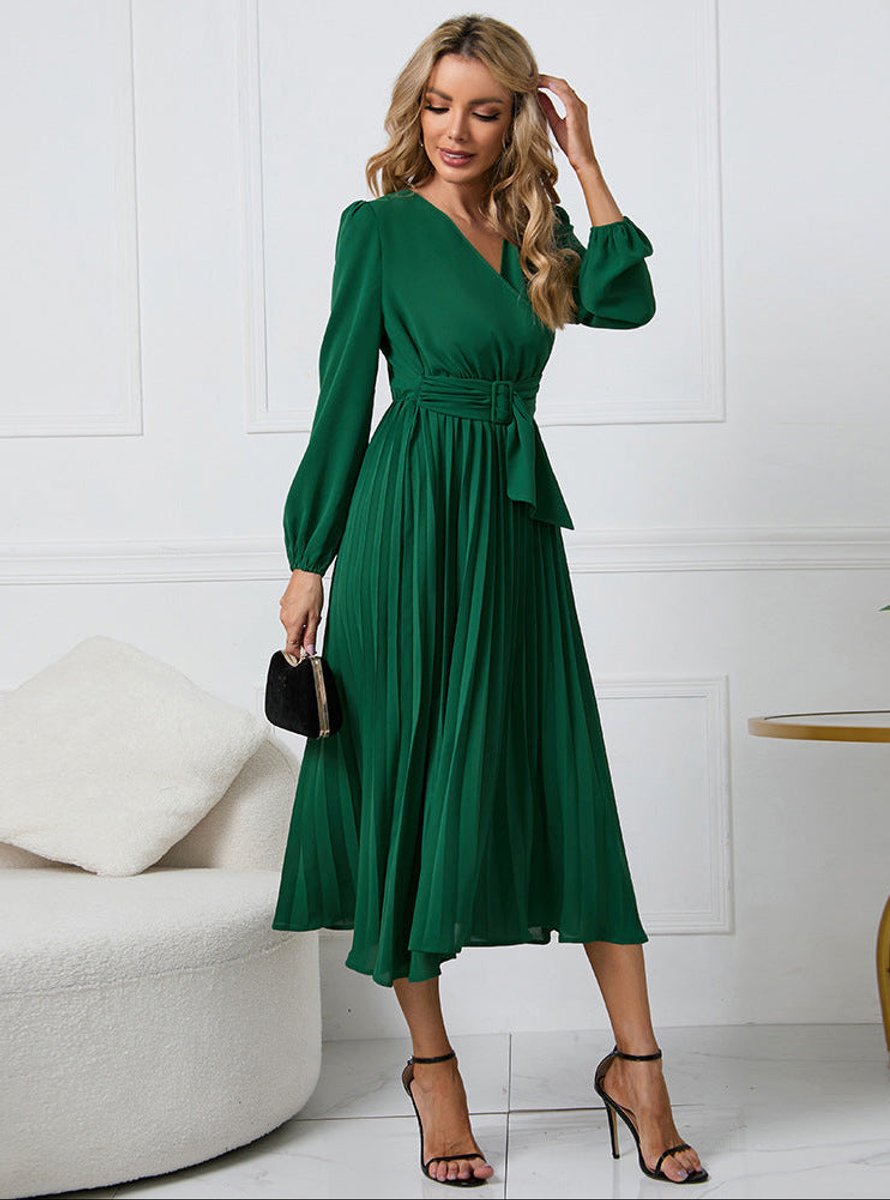 Women's Pleated Wrap V-Neck Midi Formal Dress Belt