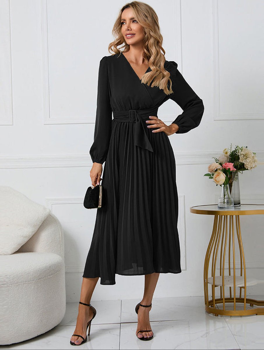Women's Pleated Wrap V-Neck Midi Formal Dress Belt