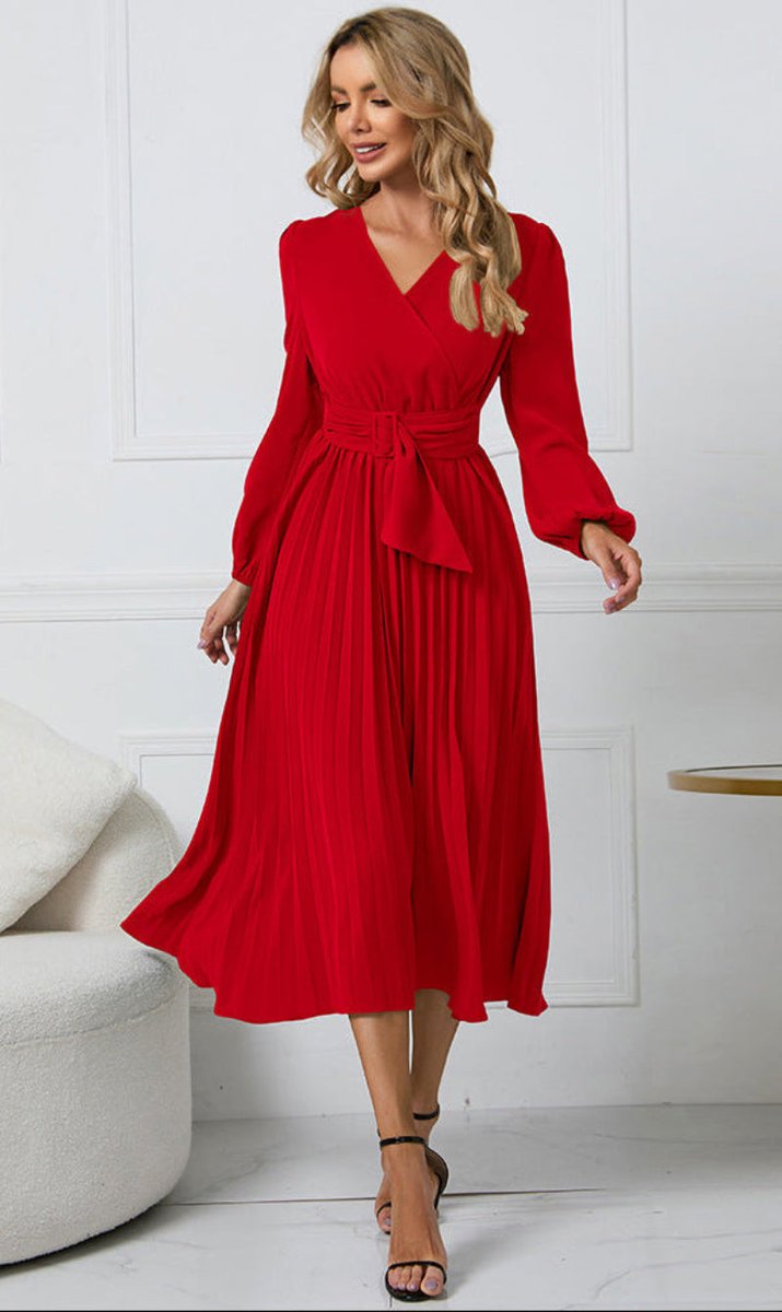 Women's Pleated Wrap V-Neck Midi Formal Dress Belt