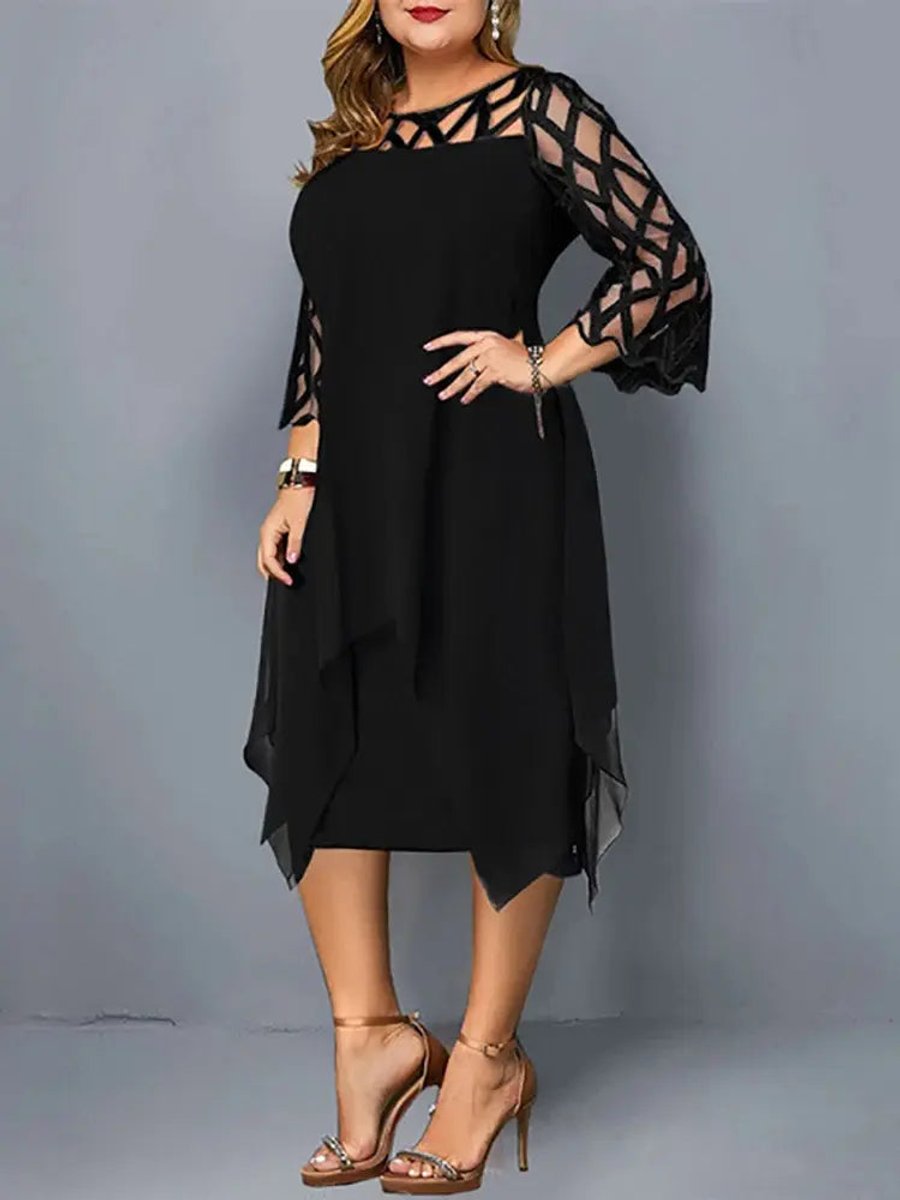 Women's Plus Size Mesh Sleeve Chiffon Fall Midi Dress