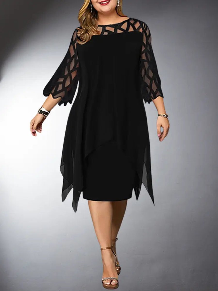 Women's Plus Size Mesh Sleeve Chiffon Fall Midi Dress