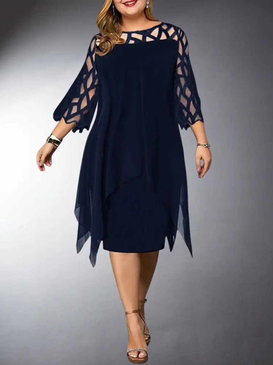 Women's Plus Size Mesh Sleeve Chiffon Fall Midi Dress