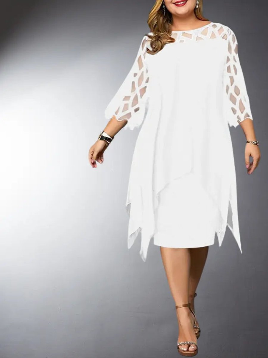 Women's Plus Size Mesh Sleeve Chiffon Fall Midi Dress