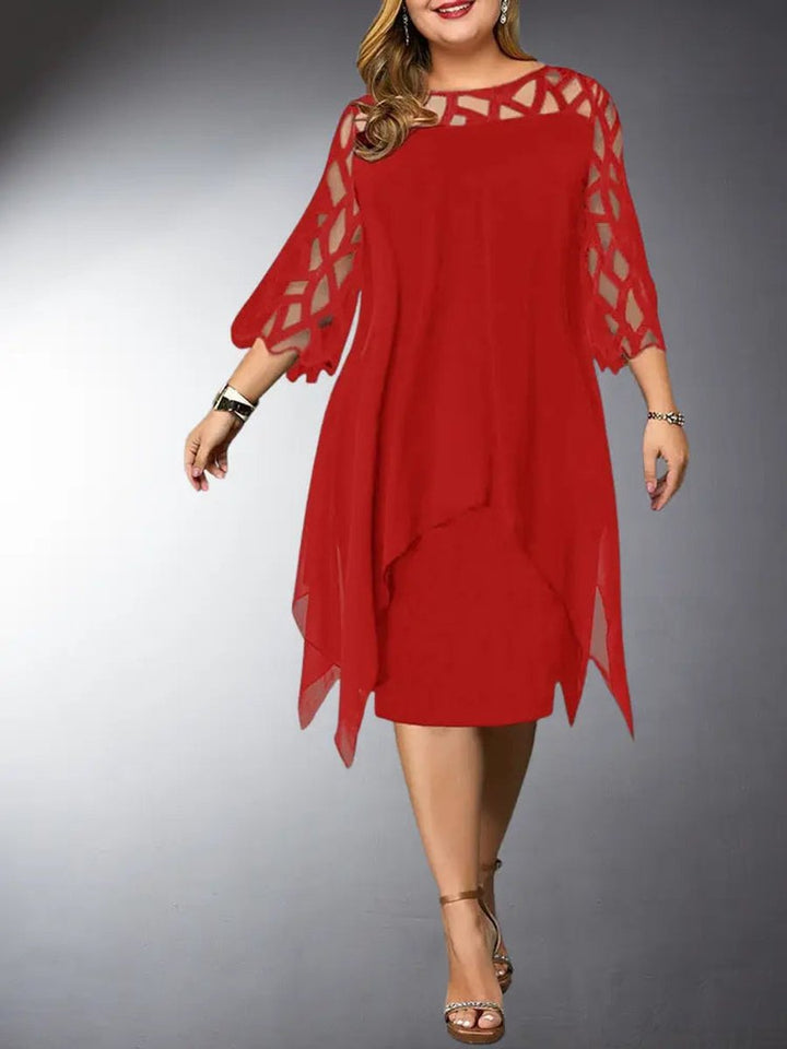 Women's Plus Size Mesh Sleeve Chiffon Fall Midi Dress