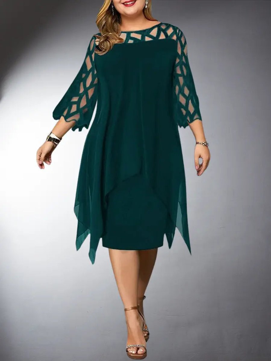 Women's Plus Size Mesh Sleeve Chiffon Fall Midi Dress