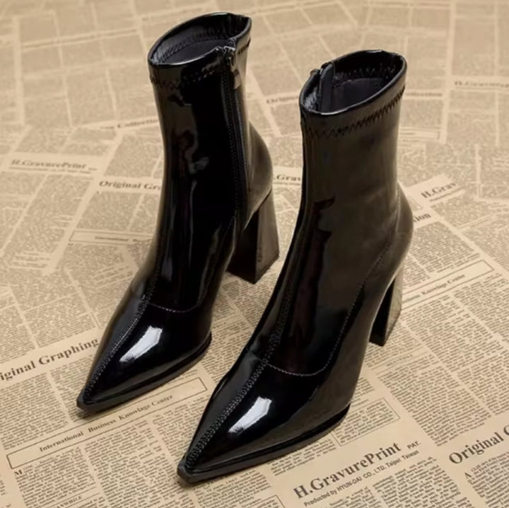 Women's Pointed-Toe Block-Heel Patent Ankle Boots