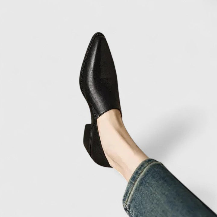 Women's Pointed-Toe Block-Heel Slip-On Leather Loafers - Black