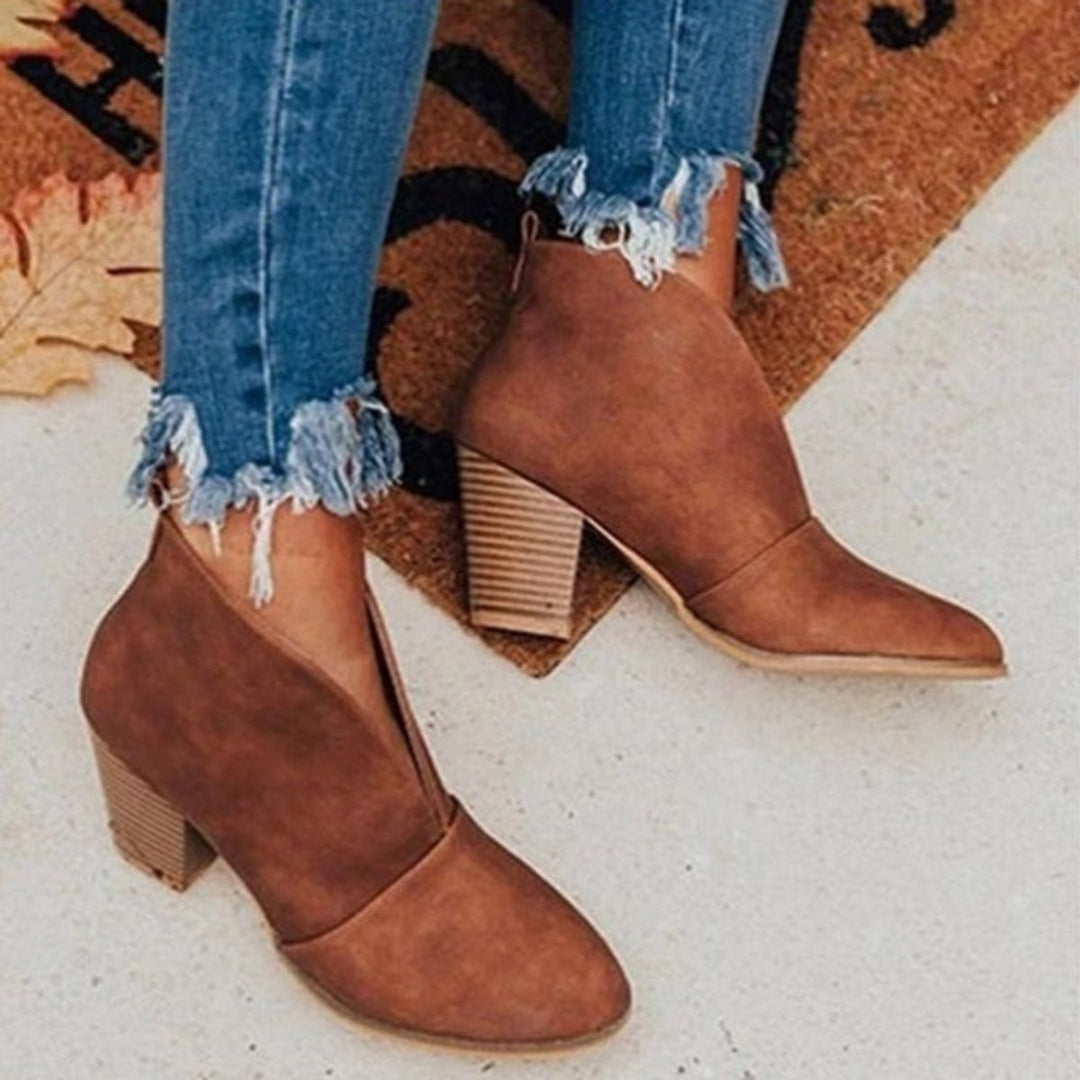 Women's Pointed-Toe Block-Heel V-Cut Ankle Boots
