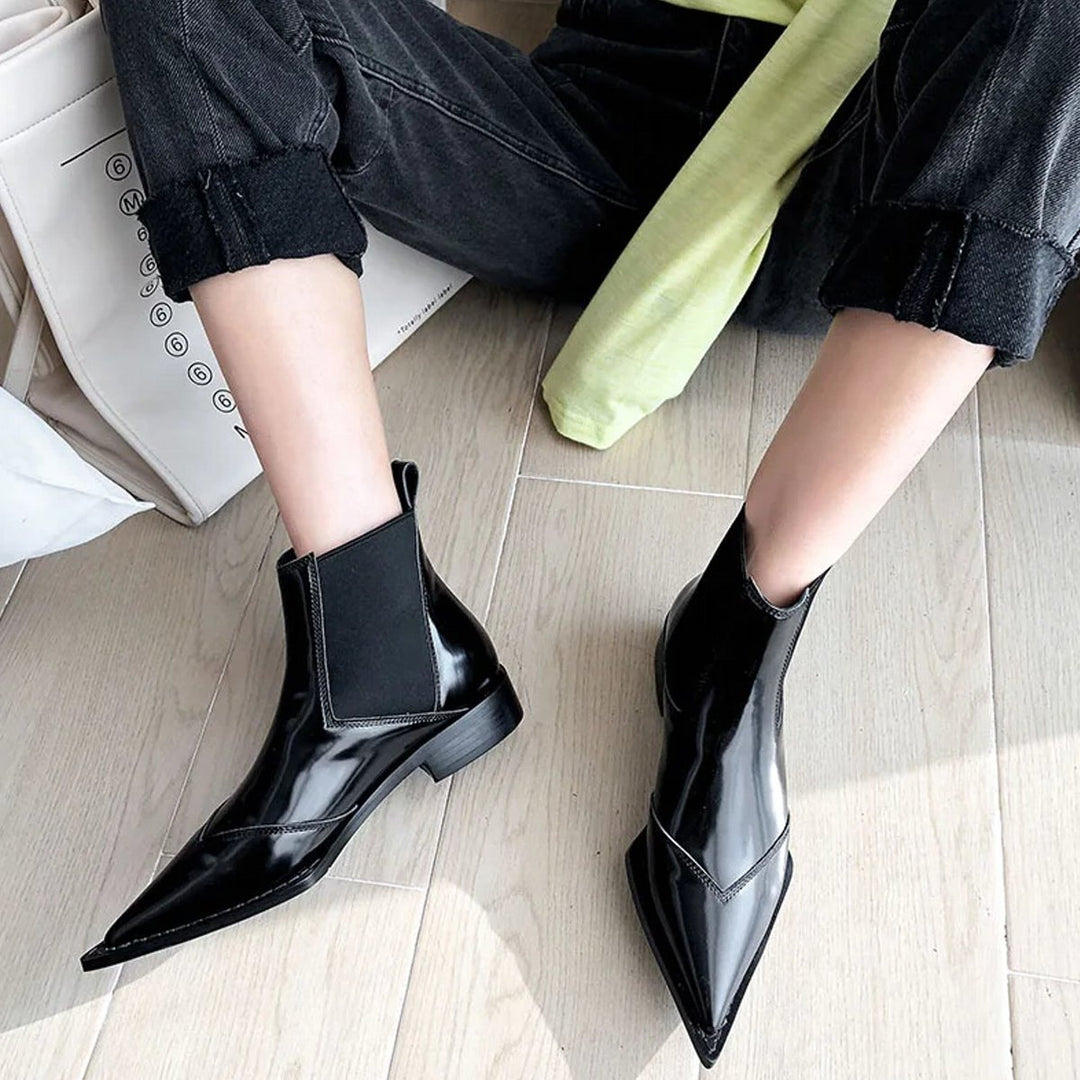 Women's Pointed-Toe Low-Heel Leather Chelsea Ankle Boots
