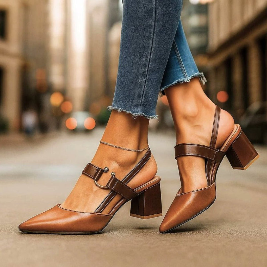 Women's Pointed-Toe Slingback Block-Heel T-Strap Pumps