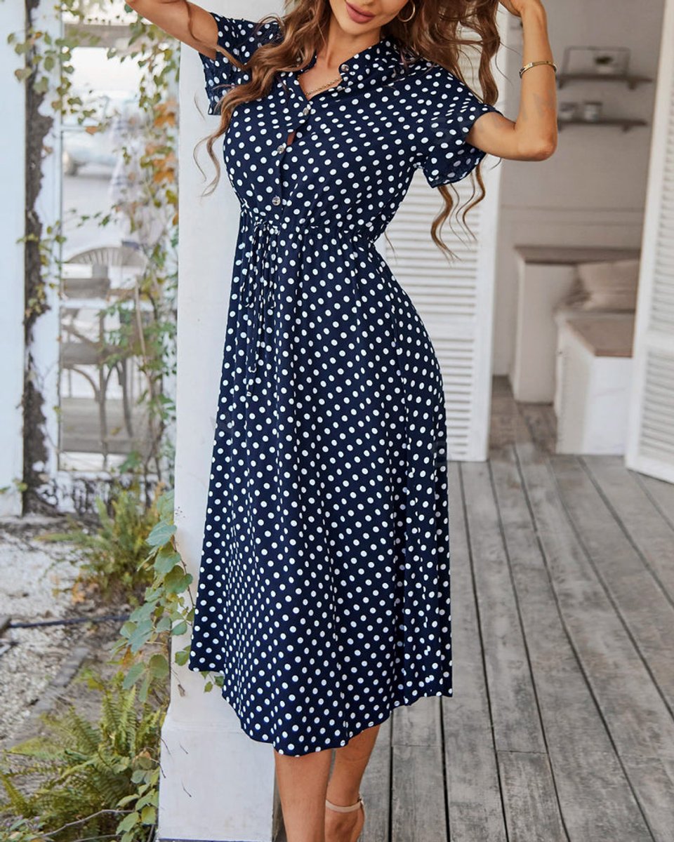 Women's Polka Dot A-Line Fall Midi Dress Short Sleeve V-Neck