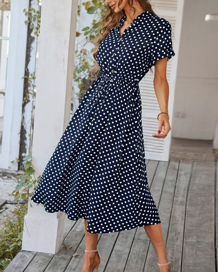 Women's Polka Dot A-Line Fall Midi Dress Short Sleeve V-Neck