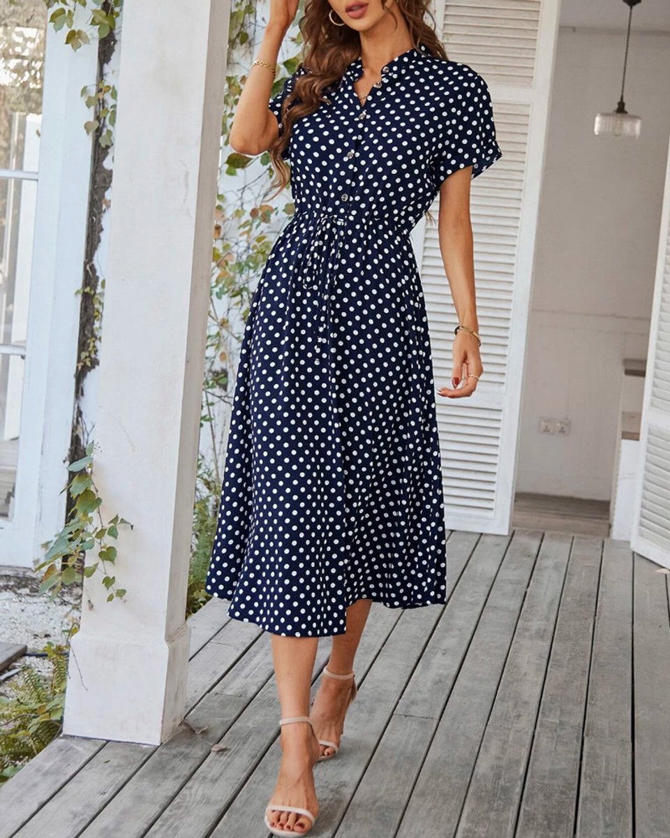 Women's Polka Dot A-Line Fall Midi Dress Short Sleeve V-Neck