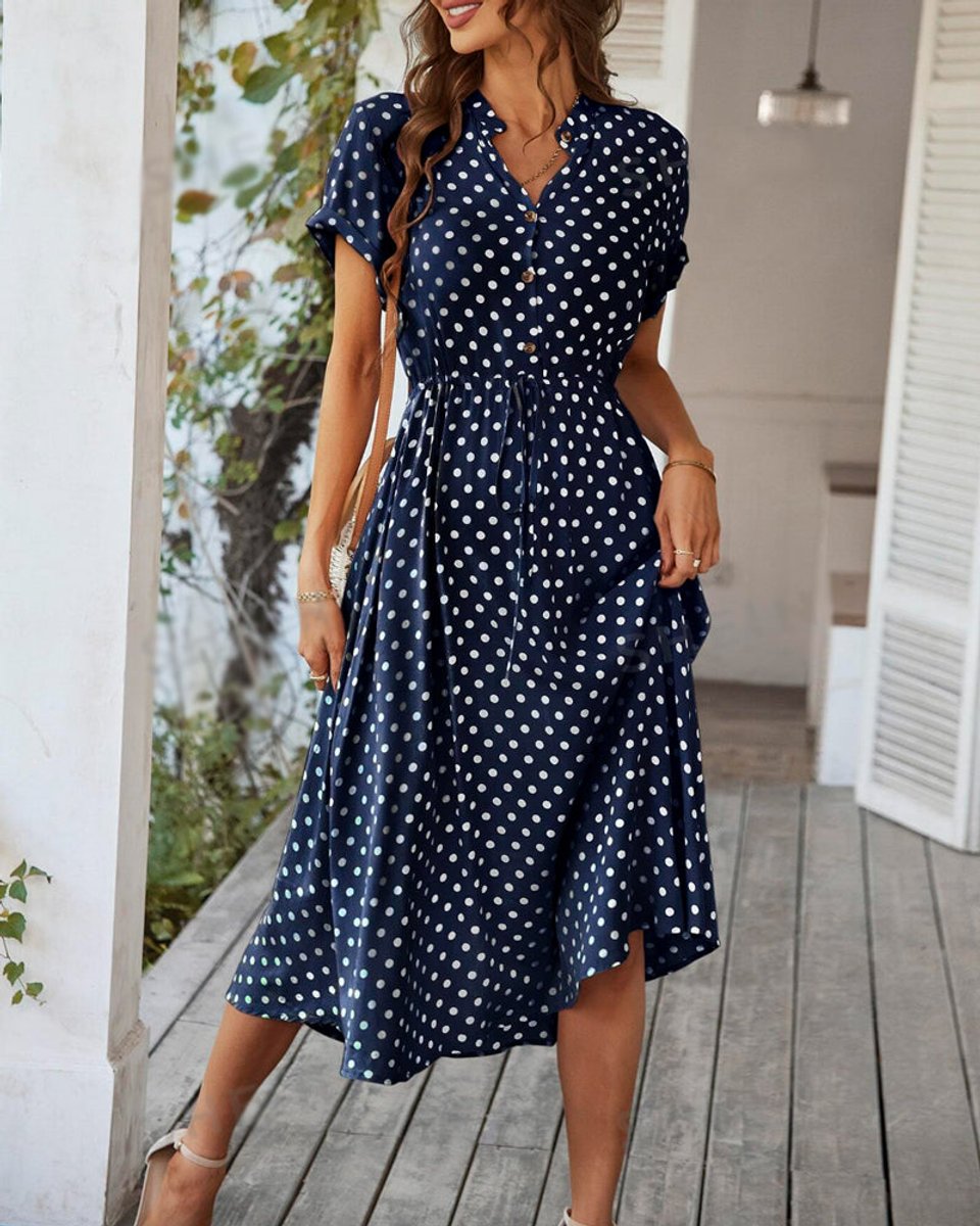 Women's Polka Dot A-Line Fall Midi Dress Short Sleeve V-Neck