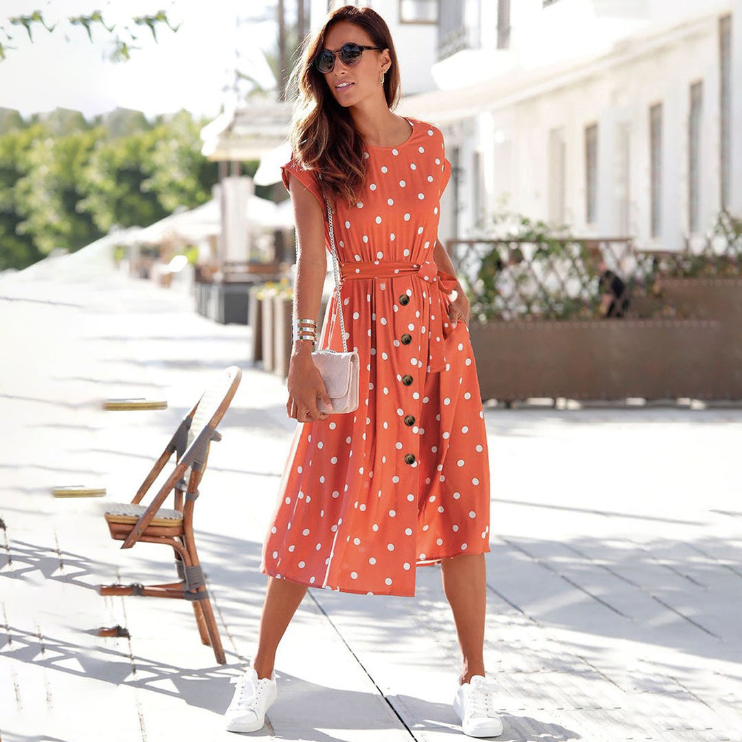 Women's Polka Dot Belted Button-Front Fall Midi Dress