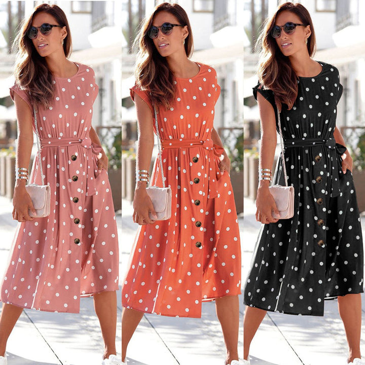 Women's Polka Dot Belted Button-Front Fall Midi Dress